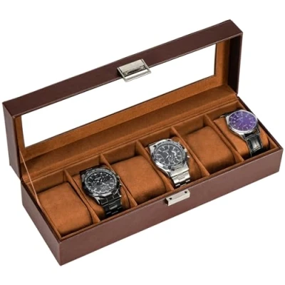 Image of ProCase Watch Box for Men, 6 Slot Display Case Mens Organizer, Cases Men Storage, Holder Organizer with Glass Lid Slot, Brown