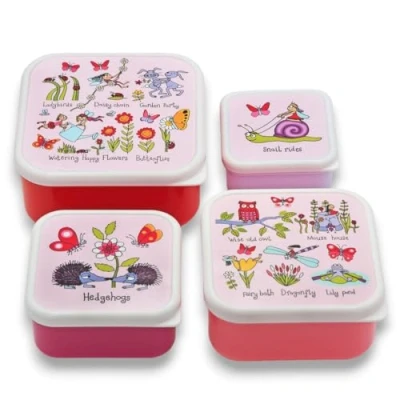 Image of Tyrrell Katz Kids Snack Boxes with Secret Garden Print Children&#039;s 4 Piece Set Freezer Safe Square Food Storage Containers