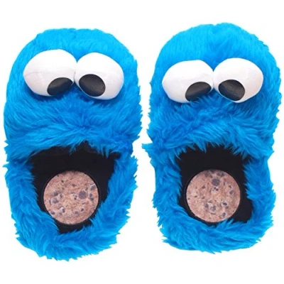 Image of Sesame Street Cookie Monster slippers, royal blue. Blue Size: Medium
