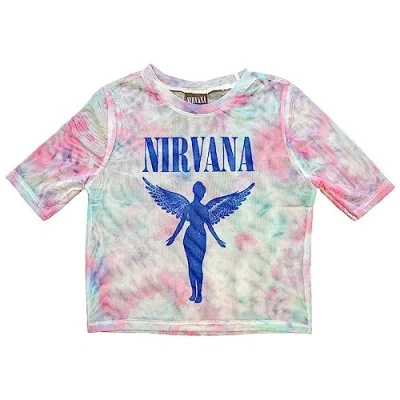 Image of Nirvana Mesh Crop Top T Shirt Angelic Blue Mono Logo Official Womens White S