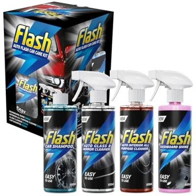 Image of Flash Car Care Automotive Kit 4x500ml Powerful Exterior &amp; Interior Cleaning Products Including All Purpose Cleaner, Glass Mirror Shampoo Dashboard Shine