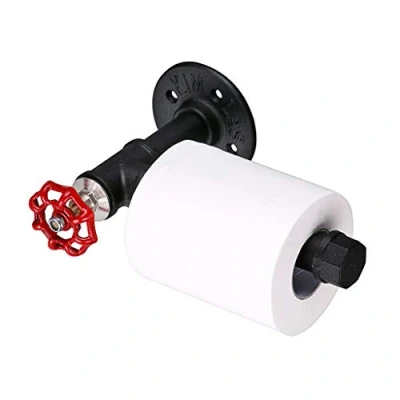 Image of BTSKY Retro Industrial Pipe Toilet Paper Roll Holder Wall Mounted Holder, Towel Bathrobe Hanger Bathroom Accessories, Red Handle