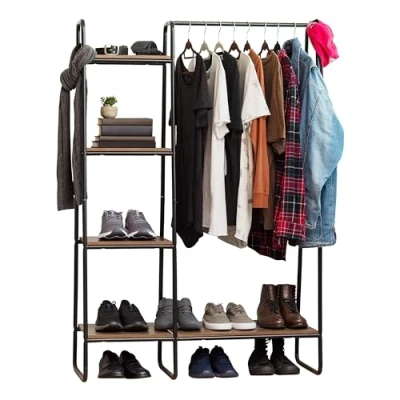 Image of IRIS USA Clothes Rack for Hanging with 4 Wood Shelves, Freestanding Clothing Rack, Easy to Assemble Garment Metal, Sturdy Design, Multipurpose, Small Space Storage Solution, Black