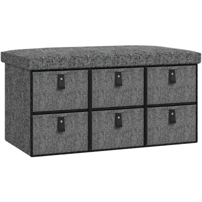 Image of HOMCOM Shoe Bench with Seat, Storage Cushion and 6 Fabric Drawers for Entryway, Hallway, Living Room, Bedroom, Dark Grey
