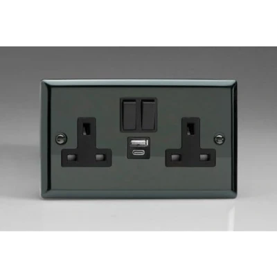 Image of Varilight Classic Iridium Black 2 Gang 13A Single Pole Switched Socket with 1x USB A &amp; C Charging Ports
