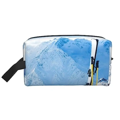 Image of skis on mountain Printed Toiletry Bag Makeup Travel Large Capacity Wash Shaving Waterproof Cosmetic For Men Women, White, One Size