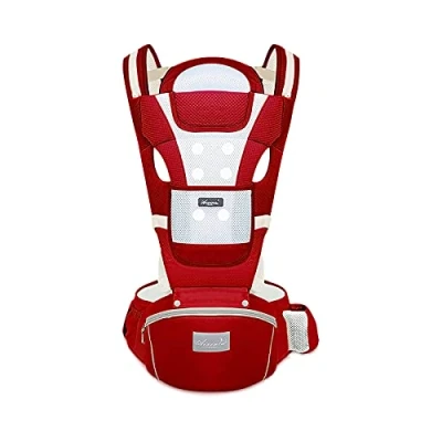 Image of SONARIN Breathable Baby Carrier with Hip Seat for 0 36 Months,Pure Cotton 3D Air Mesh Ergonomic Newborn to Toddler,Adjustable All Position Carrier,Up 30 KG(Red)