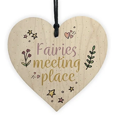 Image of RED OCEAN Garden Sign Fairies Meeting Place Wooden Hanging Heart Shed SummerHouse Plaque