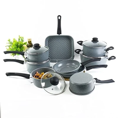 Image of URBN CHEF DALEMOOR Carbon Steel Marble Grey Cooking Pots Pans Cookware (16cm Saucepan)