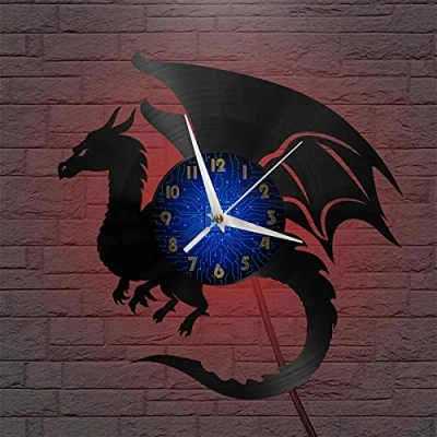Image of Giant dragon theme Vinyl Record vintage Wall Clock for Kitchen(B,with LED)