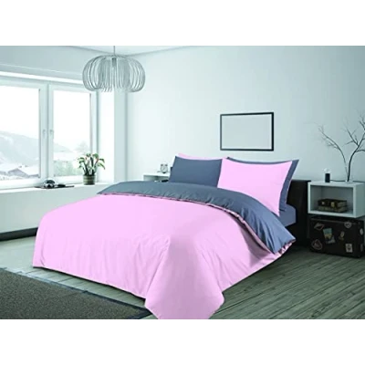 Image of Charlotte Andersen Pink &amp; Grey Double Duvet Cover Plain Reversible Cotton Blended Bedding Set with Pillowcases
