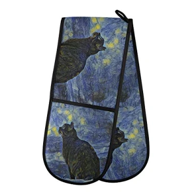 Image of TropicalLife Double Oven Glove Mitts Oil Painting Cat Heat Resistant Pot Holders for Home Kitchen Cooking Baking Outdoor BBQ