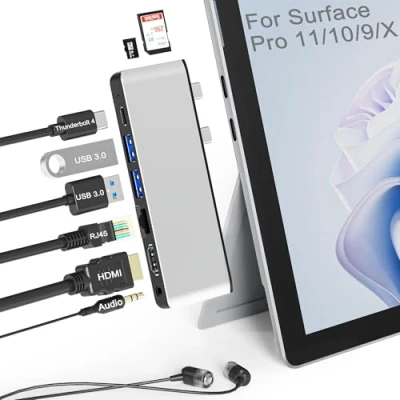 Image of Surface Pro 11 10 9 Docking Station with 4K HDMI,USB C Thunderbolt 4(8K Video+40Gbps+100W Power),100M Ethernet,USB3.0,SD TF Card Slot,3.5mm Audio,Triple Display for 11/10/9/X Accessories