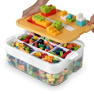 Image of Kids Toy Storage Box for Lego Stackable Building Blocks Organizers Miniature Containers Bins with Base Plates Lids Portable Playroom Organization Brick Craft Board Adjustable Compartments Carry Case