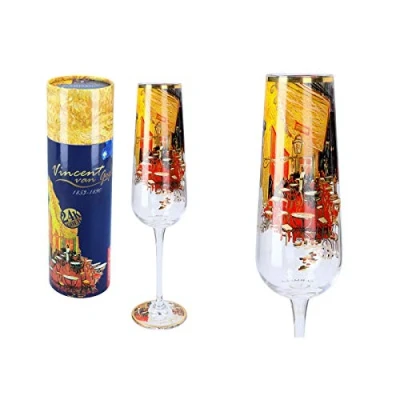 Image of Carmani Lovely Champagne Flute Glass Decorated with &#039;Café Terrace at Night&#039; by Vincent Van Gogh 220 ml