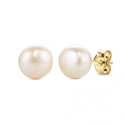 Image of Orovi Womens Round Freshwater Pearl Stud Earrings 9 Carat Yellow Gold Lustrous Pearls Birthstone Studs 7mm White Cultured