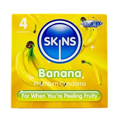 Image of Premium Skins Banana Flavoured Condoms for Oral and Intercourse Ultra Thin Oral, Extra Lube Pleasure Discreet Pack of 4