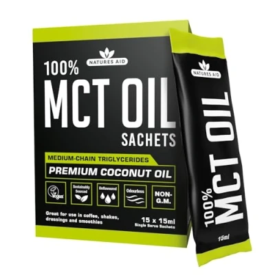Image of Natures Aid MCT Oil 15 x 15ml Sachets Add to Coffee Shakes Smoothies or Dressings 100 Percent Premium Coconut Pure Sustainably Sourced Vegan Vegetarian GMP Standards Rapid Absorbed for Energy