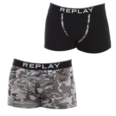Image of REPLAY Men&#039;s Boxer Style 8 Cuff Logo&amp;Camouflage 2pcs Waterfall Pack, Black/Camouflage Grey, S