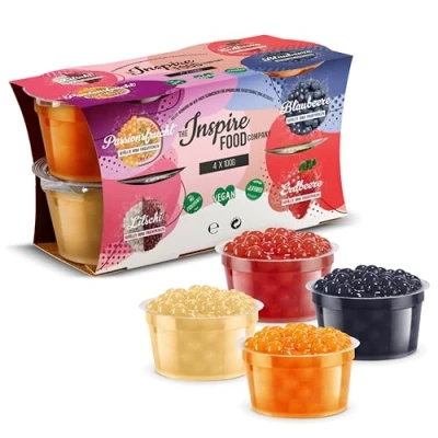 Image of INSPIRE FOOD Popping Boba Variety Pack Strawberry, Passion Fruit, Blueberry &amp; Lychee (4 x 100g) 100% Vegan, Gluten Free, No Artificial Colors