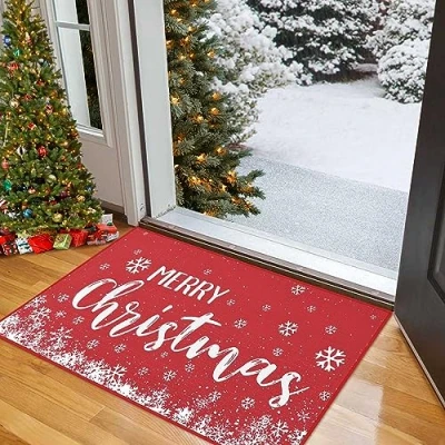 Image of CAROMIO Merry Christmas Doormat Xmas Holiday Red Snowflake Welcome Mat for Home Decoration Non Slip Backing Outdoor Indoor Entrance Floor 50x80cm