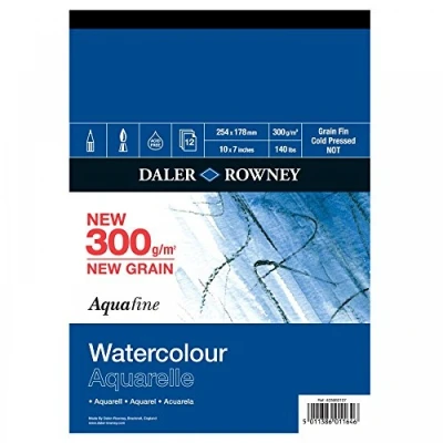 Image of Daler Rowney Aquafine Texture, Watercolour Paper, Cold Pressed, 300 gsm, 140lb, Pad, Glued 1 Side, 10 x 7in 25.4 17.8 cm, Natural White, 12 Sheets