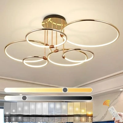 Image of YYUTLUO LED Ceiling Light, Ø105cm Gold Metal Circle Chandelier, 145W Stepless Dimmable 3000 6000K, Modern Round Electroplate Pendant, Bedroom Living Children Office Study Kitchen Hallway(6 Ring)