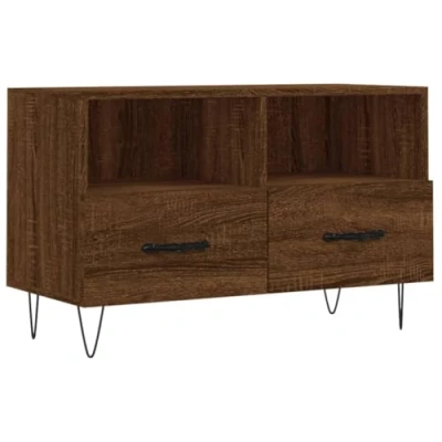 Image of vidaXL Engineered Wood TV Cabinet with Iron Legs Brown Oak, Spacious Contemporary Media Stand Displaying Function and Storage Drawers