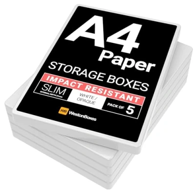 Image of WestonBoxes A4 Slim Plastic Presentation or Storage Boxes with lids for Paper and Card (White, Pack of 5)