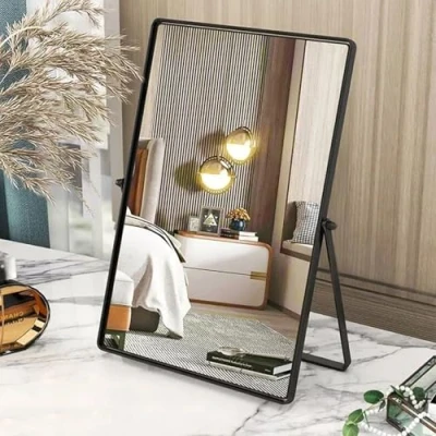 Image of Gosider Black Table Mirror Makeup Portable Vanity Metal Framed Rectangular Desk Mirrors with Stand 90Single Sided for Bedroom Living Room Office 30x22cm