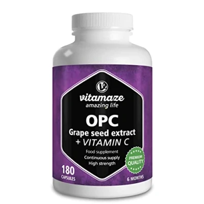 Image of Grape Seed Extract Capsules 450mg Certified OPC +100 mg Vitamin C Antioxidant 6 Months Supply 180 Supplement Without Additives, Made in Germany
