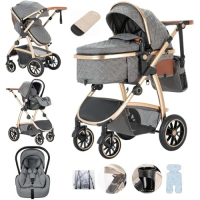 Image of Lnhcrbs Travel Systems 3 in 1 Prams with Car Seat,Travel Stroller Features an Adjustable Push Handle Height and The Front Wheels of Compact Can Be Locked to Give Mum Extra Peace Mind