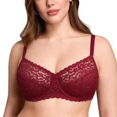 Image of DOBREVA Women&#039;s Lace Full Coverage Minimiser Bra Unlined Underwire See Through Plus Size Chinese Red 38DD