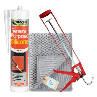 Image of Everbuild General Purpose Silicone Sealant White 280ml, Pro Dec Strong Skeleton Caulking Gun &amp; Microfibre Cloth, Waterproof for Bathroom, Kitchen Outdoor, Anti Mould