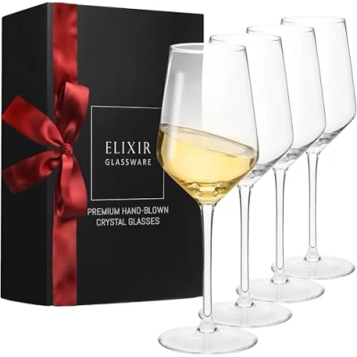 Image of ELIXIR GLASSWARE Crystal Wine Glasses Hand Blown Red &amp; White Set of 4 Long Stem Glasses, Premium Wedding, Anniversary, Christmas 13 oz, Clear