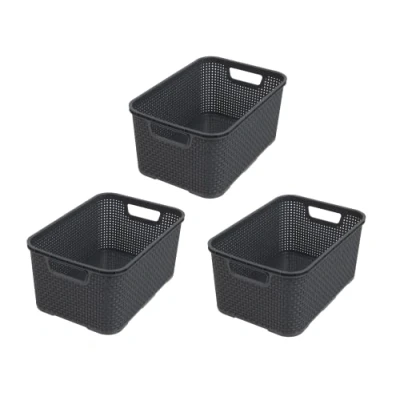 Image of BranQ Home Essential Plastic Basket in Rattan Design Set of 3 Size S 7 L Anthracite