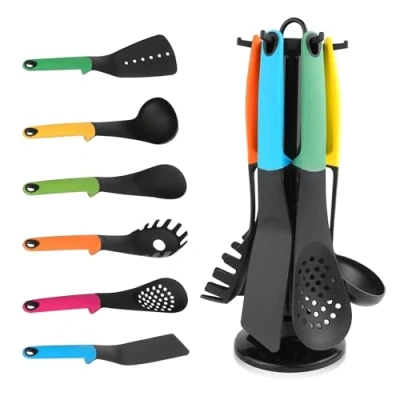 Image of Kitchen Utensil Set 6pcs Nylon&amp;Silicone Cooking Utensils, Non Scratch Cookware with Soup ladle, Spoon, Skimmer, Spaghetti Serving, Spatula, Slotted Turner