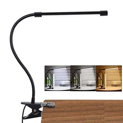 Image of LED Clip Desk Lamp, Reading Light Study Lamp Eye Care Protection with 10 Dimmable Brightness &amp; 3 Modes, USB Powered Flexible Gooseneck Clamp for Bed Headboard Table Office Lights, 7W (Black)