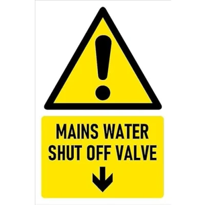 Image of Mains Water Shut Off Valve, Arrow Pointing Down, Safety Sign Self Adhesive Sticker (200mm x 150mm)