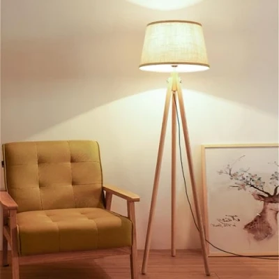 Image of DINGLILIGHTING Wooden Tripod Led Floor Lamp, 3000k Warm White Light, Classic Reading Free Standing Lamp for Living Room, Bedside, Study, Office, with E27 Bulb, Beige Shade