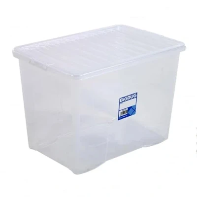 Image of BiGDUG Value Plastic Storage Boxes Clear Containers Tubs with Clip On Lids for Home or Office Organisation (Pack of 3, 80 Litre)