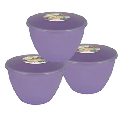 Image of Just Pudding Basins Pastel Colours 2 Pint 1.14 Litre Basin and Clear Lid Pack of 3 Plastic Steaming Bowls (Lilac)
