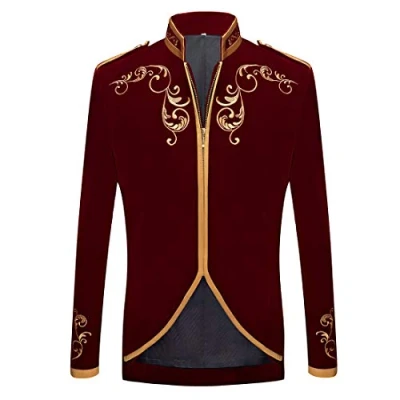 Image of PYJTRL Mens Stylish Court Prince Black Velvet Gold Embroidery Blazer Suit Jacket (Wine red, US 42R)