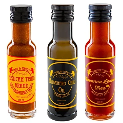 Image of Mexican Tears® 3 Pack, Hot Chili Sauce &amp; Oil Gift Set Made with Chipotles (Smoked jalapeño Chili), Fleur de Sel (Premium sea Salt), Sunflower Honey Vinegar [3x100ml Chilli Sauce]