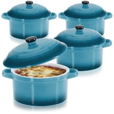Image of COM FOUR® 4X Casserole Dish with Ceramic lid Dessert Bowl for crème brûlée Mini Ragout fin and Seasoned Meat Blue, Approx. 250/175 ml per (4 Pieces Blue)