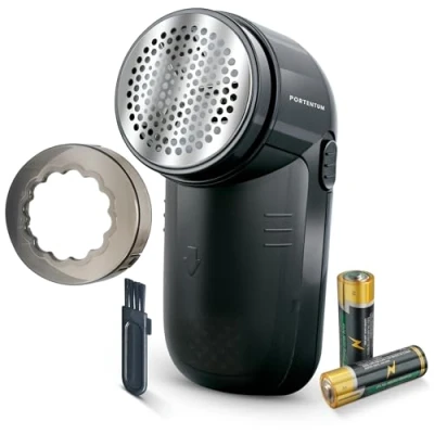 Image of PORTENTUM Electric Lint Remover and Pilling for Clothing, Stainless Steel Blades. Removable Container. Batteries included. Accessories: cleaning brush