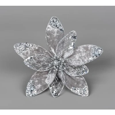 Image of SHATCHI 20cm Deluxe Christmas Glitter Poinsettia Silver Velvet Net Artificial Flower with Metal Clip Tree Decorations Wedding New Year Ornaments