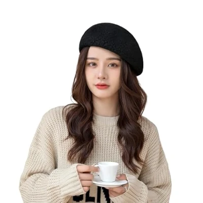 Image of Women Girls Wool Beret Hat French Berets Artist Painter Classic Solid with Adjustable Rope Autumn Winter Fashion Warm Beanie Cap Black