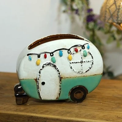 Image of Fyne Finds Ceramic Village Pottery Planter Blue Festival Caravan Plant Pot 23cm, 9inch Flower Seed Herb Home Garden Decor