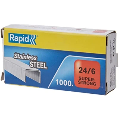 Image of Rapid 24/6mm Super Strong Staples, For Stapling up to 30 Sheets, Use with Desktop Staplers, Stainless Steel, Box of 1000, 24858100
